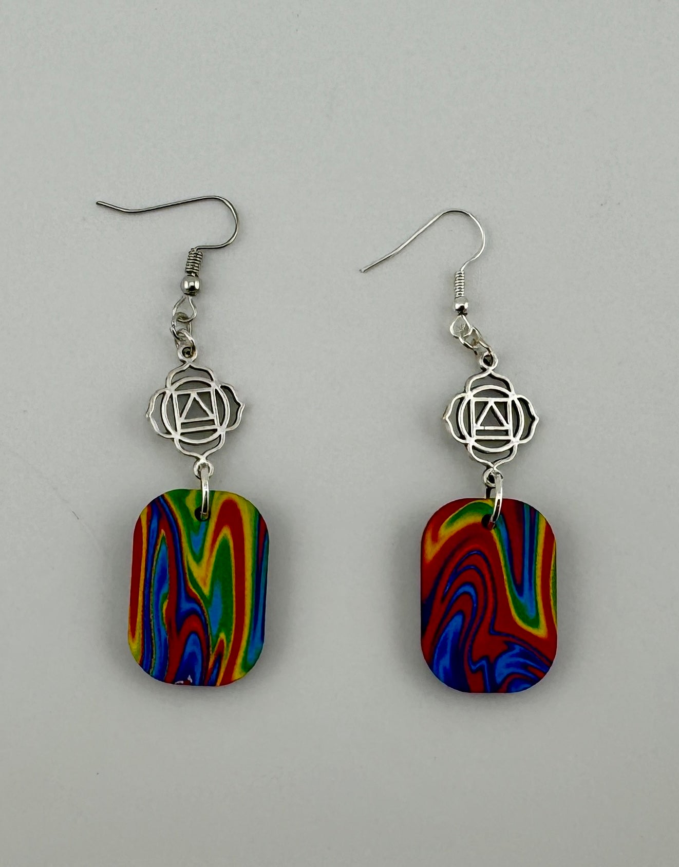 Prism Energy Earrings – UV Printed Wood with Silver Chakra Symbol