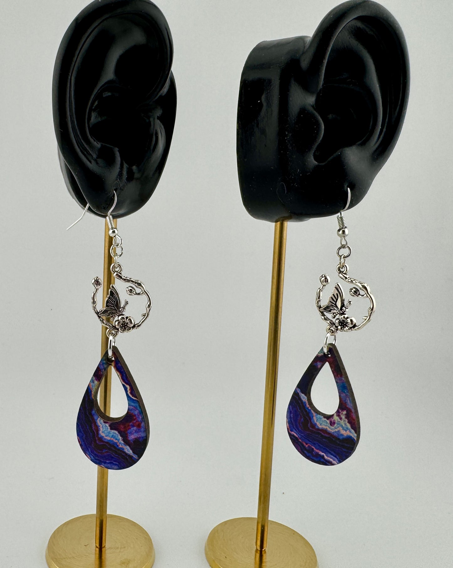 Butterfly Veil Earrings – UV Printed Wood with Silver Garden Accents