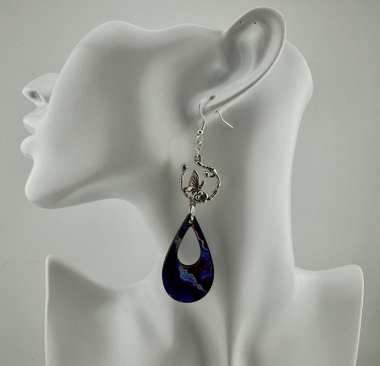 Butterfly Veil Earrings – UV Printed Wood with Silver Garden Accents