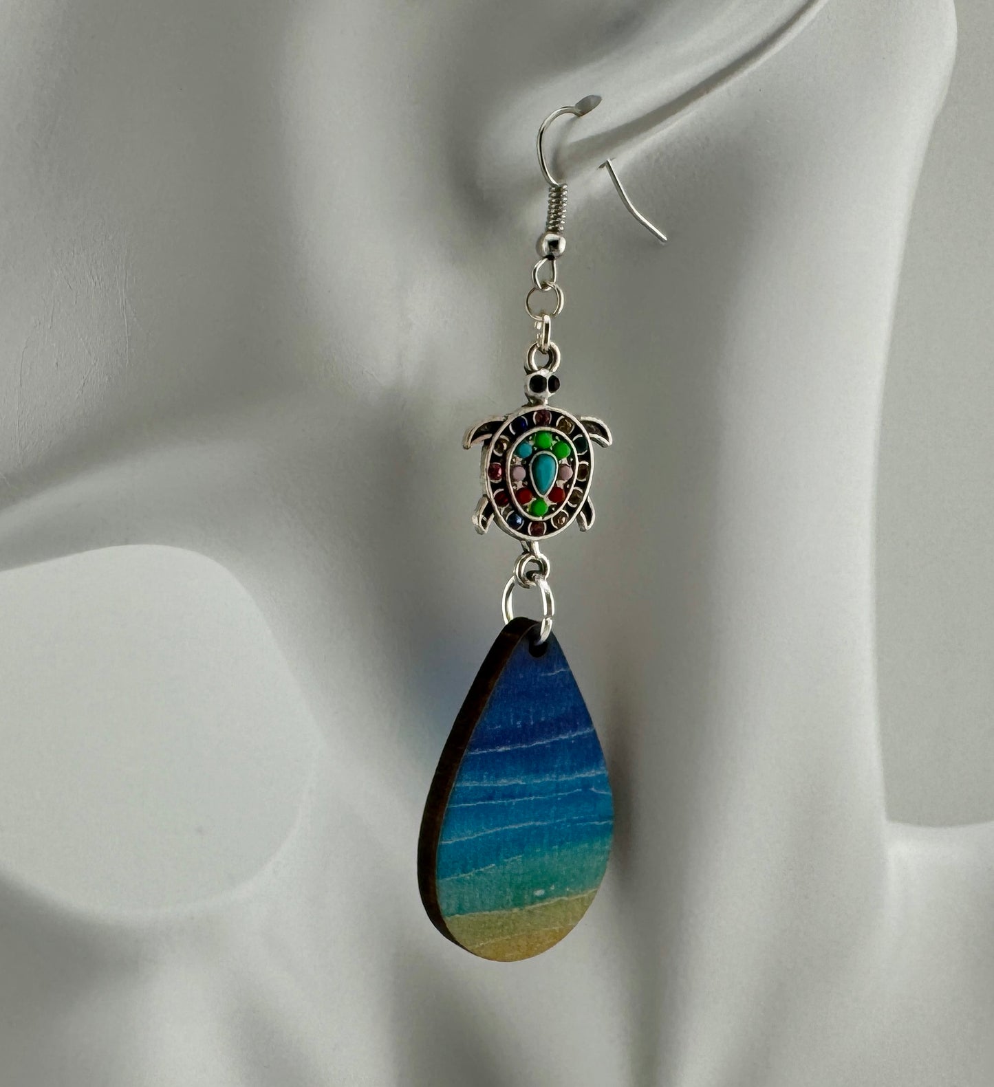Coastal Vibes Turtle Teardrop Earrings – Beach Wood Dangles with Colorful Charm