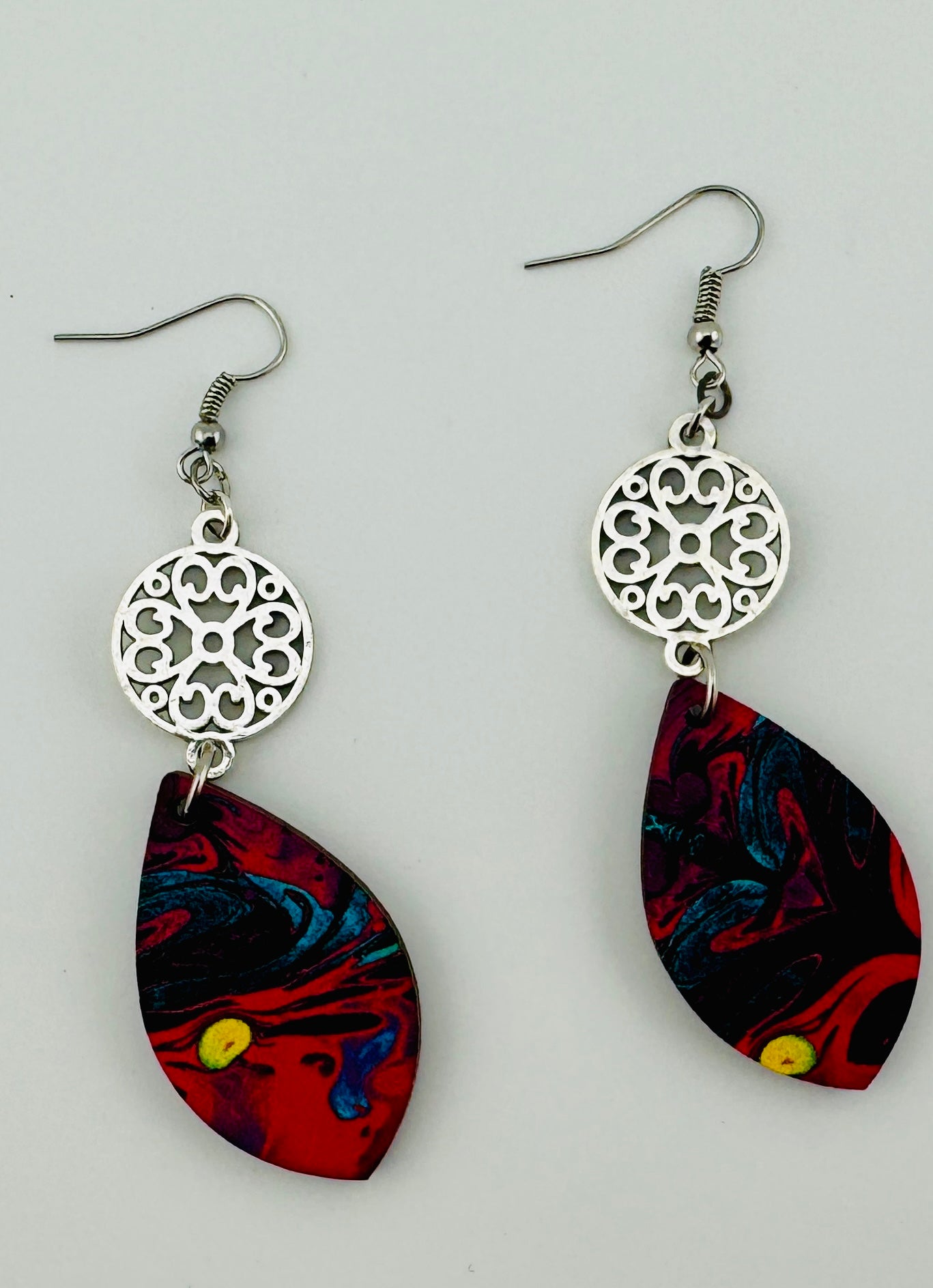 Fire Bloom Earrings – UV Printed Wood with Silver Filigree Accent