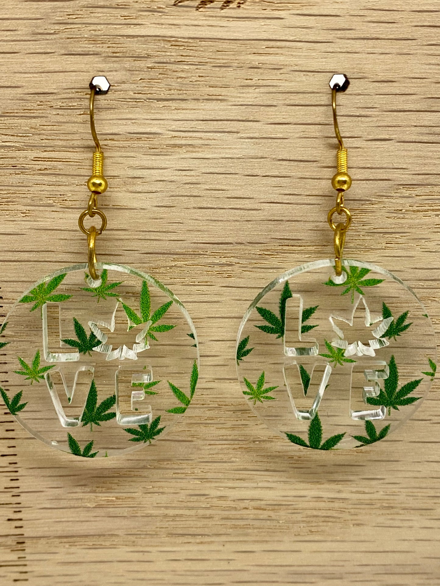 Cannabis round LOVE cut out acrylic earrings