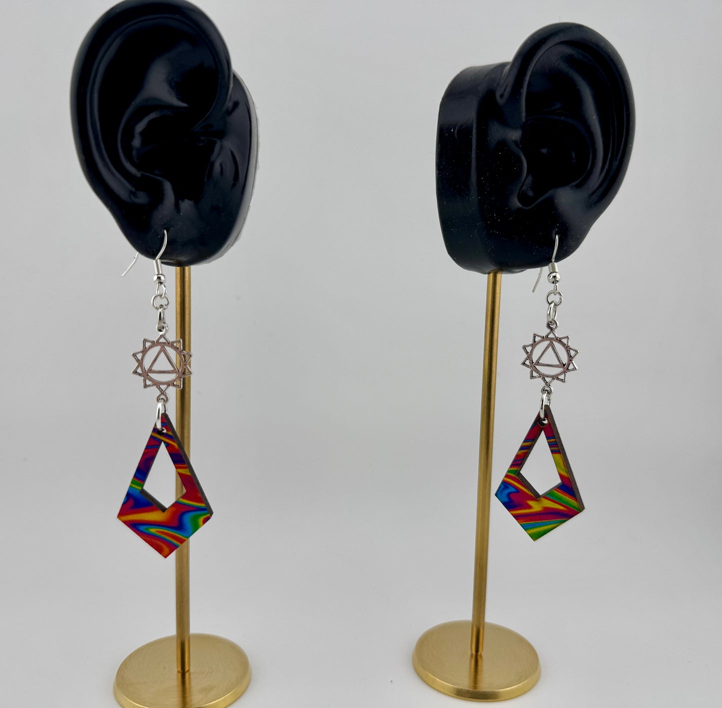 Electric Prism Festival Earrings – UV Printed Wood with Chakra Symbol