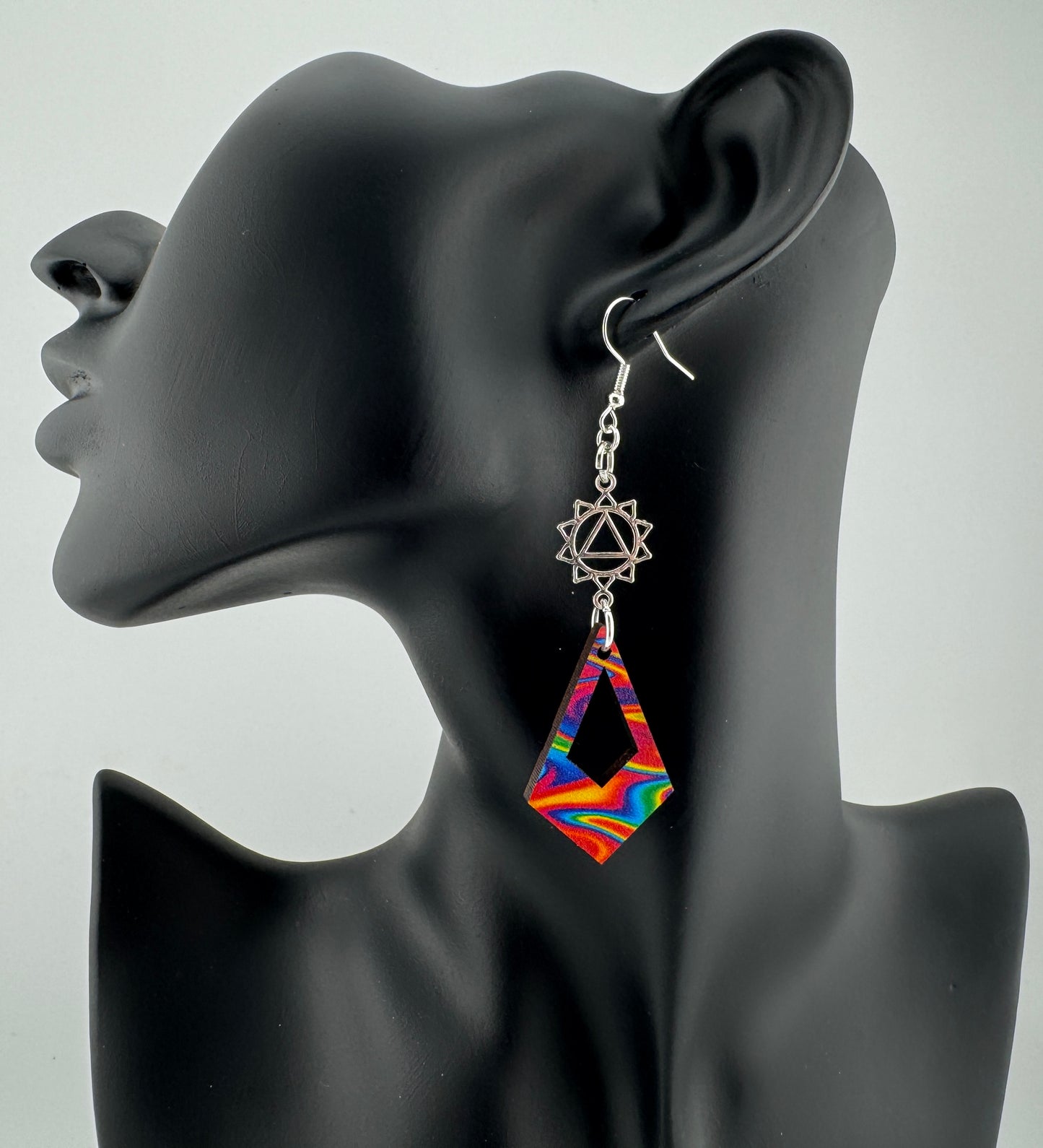 Electric Prism Festival Earrings – UV Printed Wood with Chakra Symbol