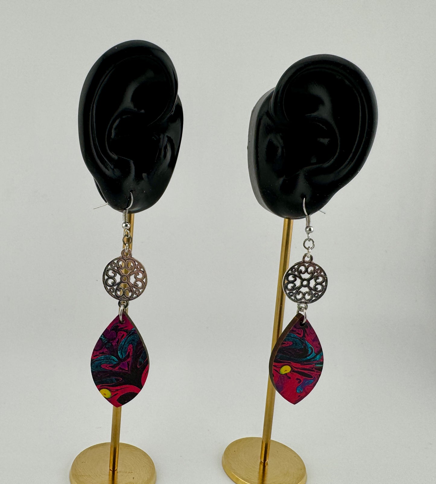 Fire Bloom Earrings – UV Printed Wood with Silver Filigree Accent
