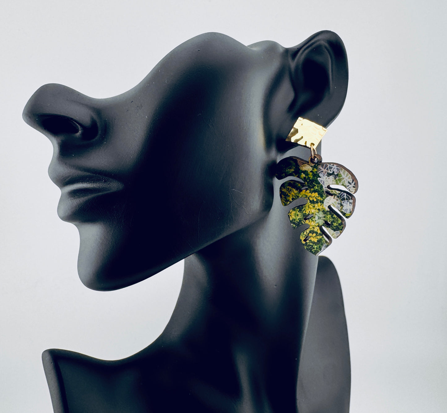 Verdant Canopy Earrings – Tropical Wood Dangles with Hammered Gold Studs