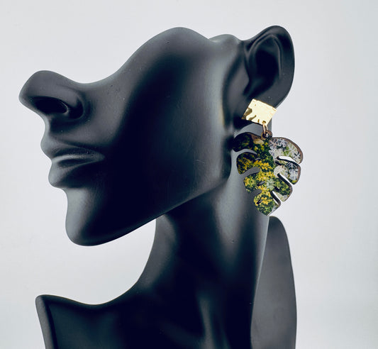Verdant Canopy Earrings – Tropical Wood Dangles with Hammered Gold Studs
