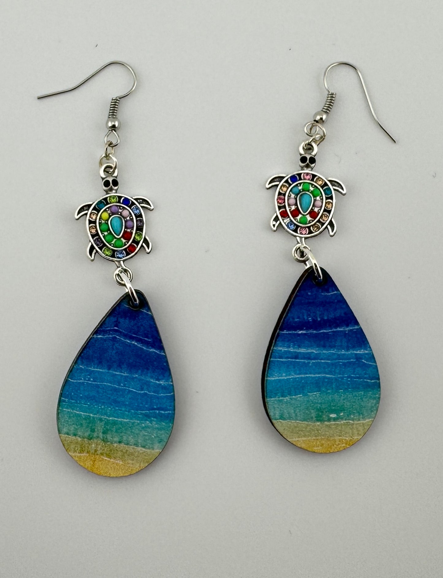 Coastal Vibes Turtle Teardrop Earrings – Beach Wood Dangles with Colorful Charm