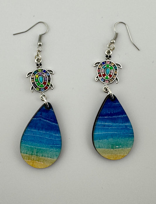 Coastal Vibes Turtle Teardrop Earrings – Beach Wood Dangles with Colorful Charm