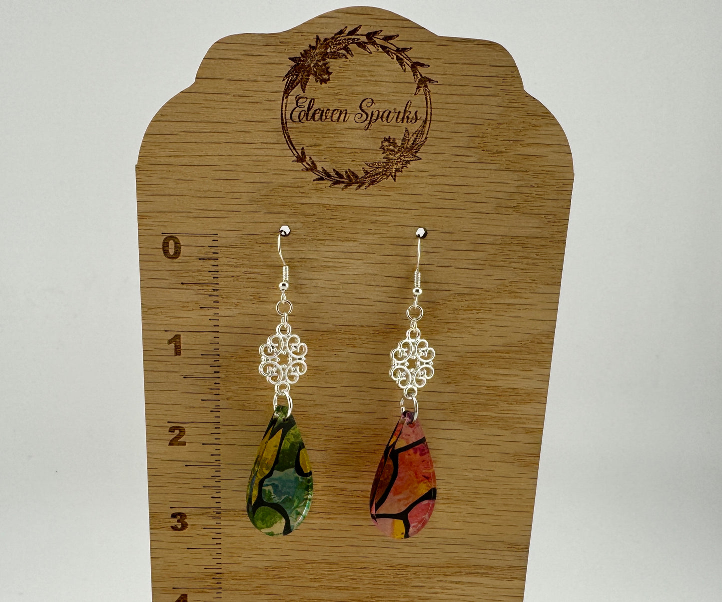 Garden Glass Earrings – Translucent Acrylic Drops with Silver Scrollwork