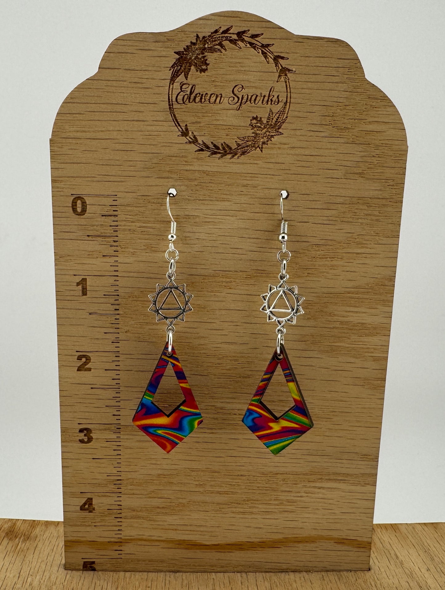 Electric Prism Festival Earrings – UV Printed Wood with Chakra Symbol