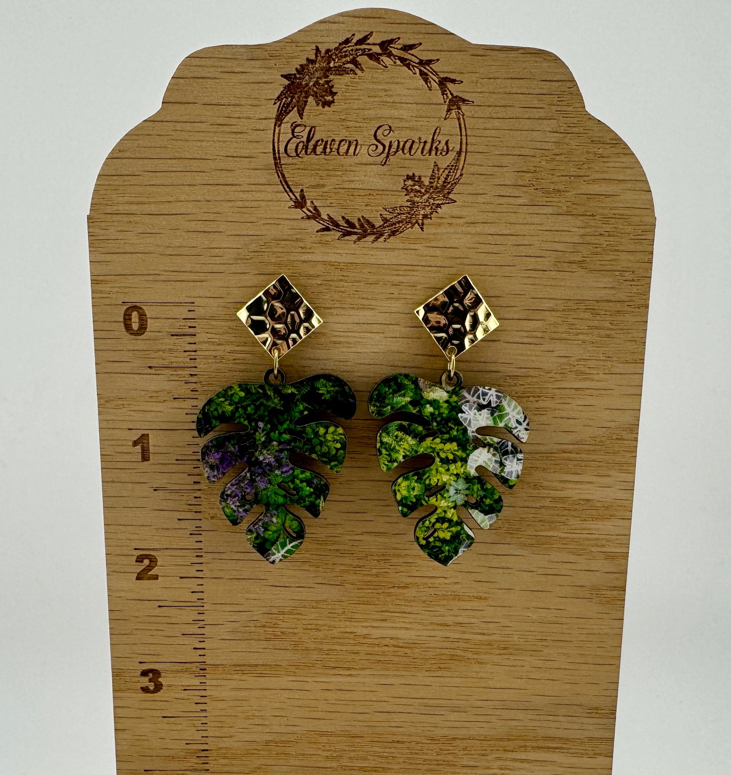 Verdant Canopy Earrings – Tropical Wood Dangles with Hammered Gold Studs