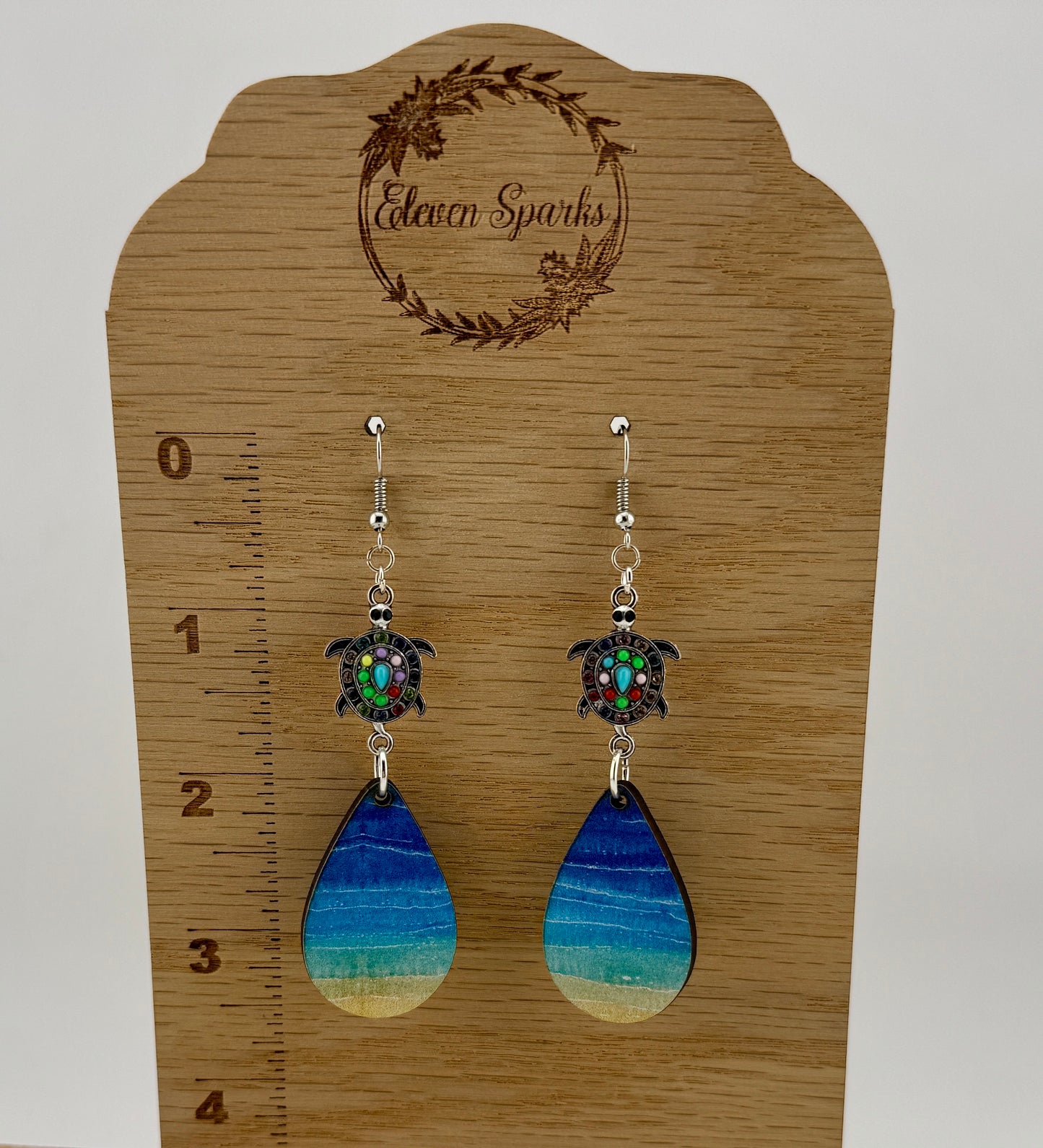 Coastal Vibes Turtle Teardrop Earrings – Beach Wood Dangles with Colorful Charm