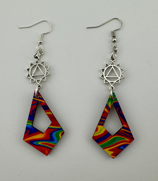 Electric Prism Festival Earrings – UV Printed Wood with Chakra Symbol