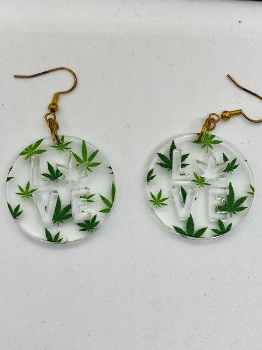 Cannabis round LOVE cut out acrylic earrings