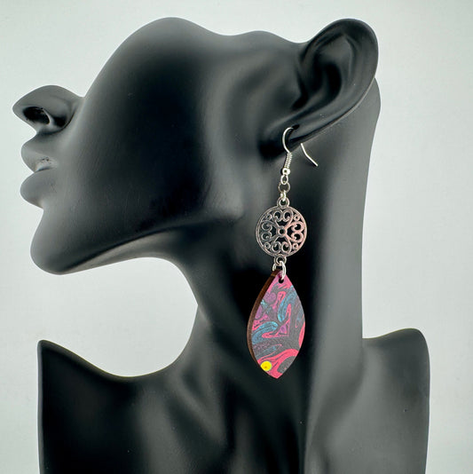 Fire Bloom Earrings – UV Printed Wood with Silver Filigree Accent