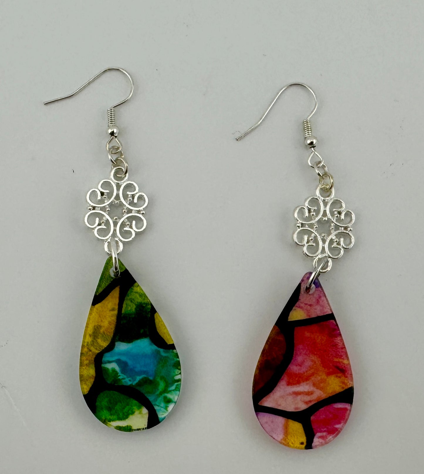 Garden Glass Earrings – Translucent Acrylic Drops with Silver Scrollwork