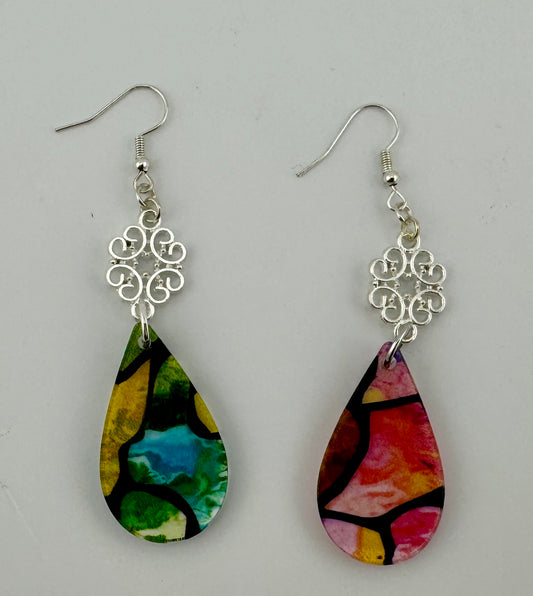Garden Glass Earrings – Translucent Acrylic Drops with Silver Scrollwork