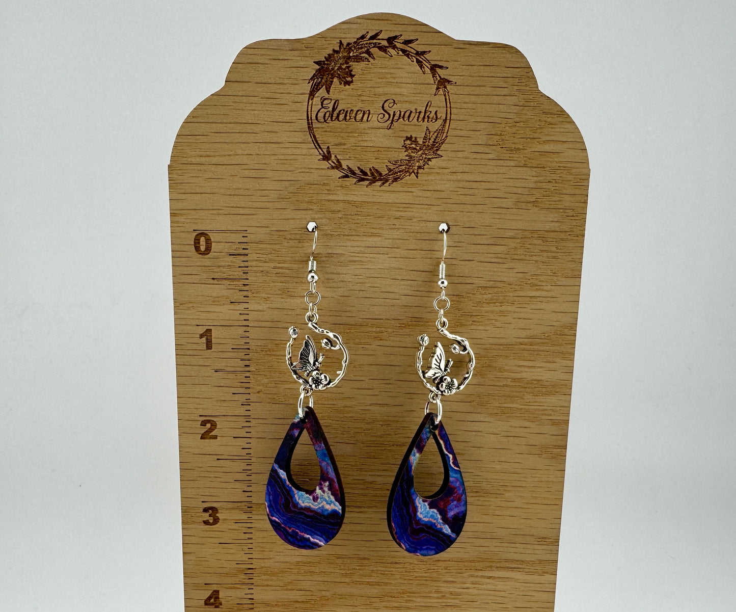 Butterfly Veil Earrings – UV Printed Wood with Silver Garden Accents