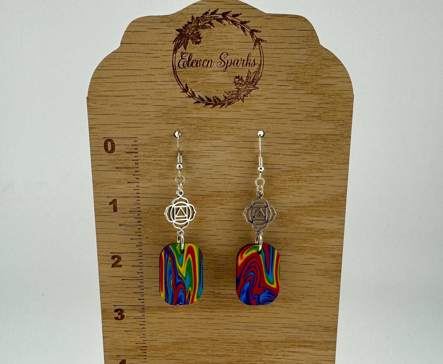 Prism Energy Earrings – UV Printed Wood with Silver Chakra Symbol