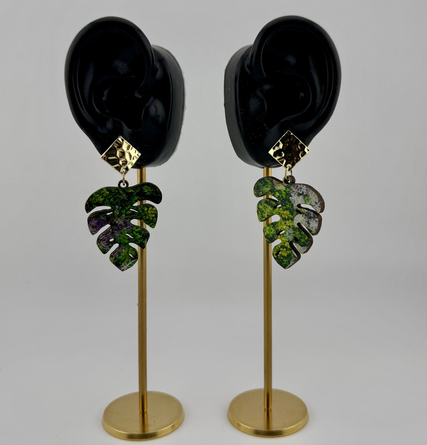 Verdant Canopy Earrings – Tropical Wood Dangles with Hammered Gold Studs
