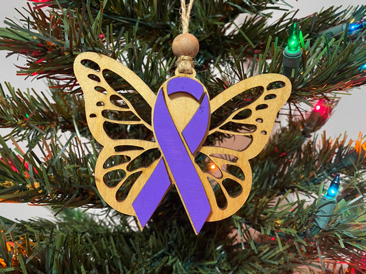Purple ribbon butterfly ornament