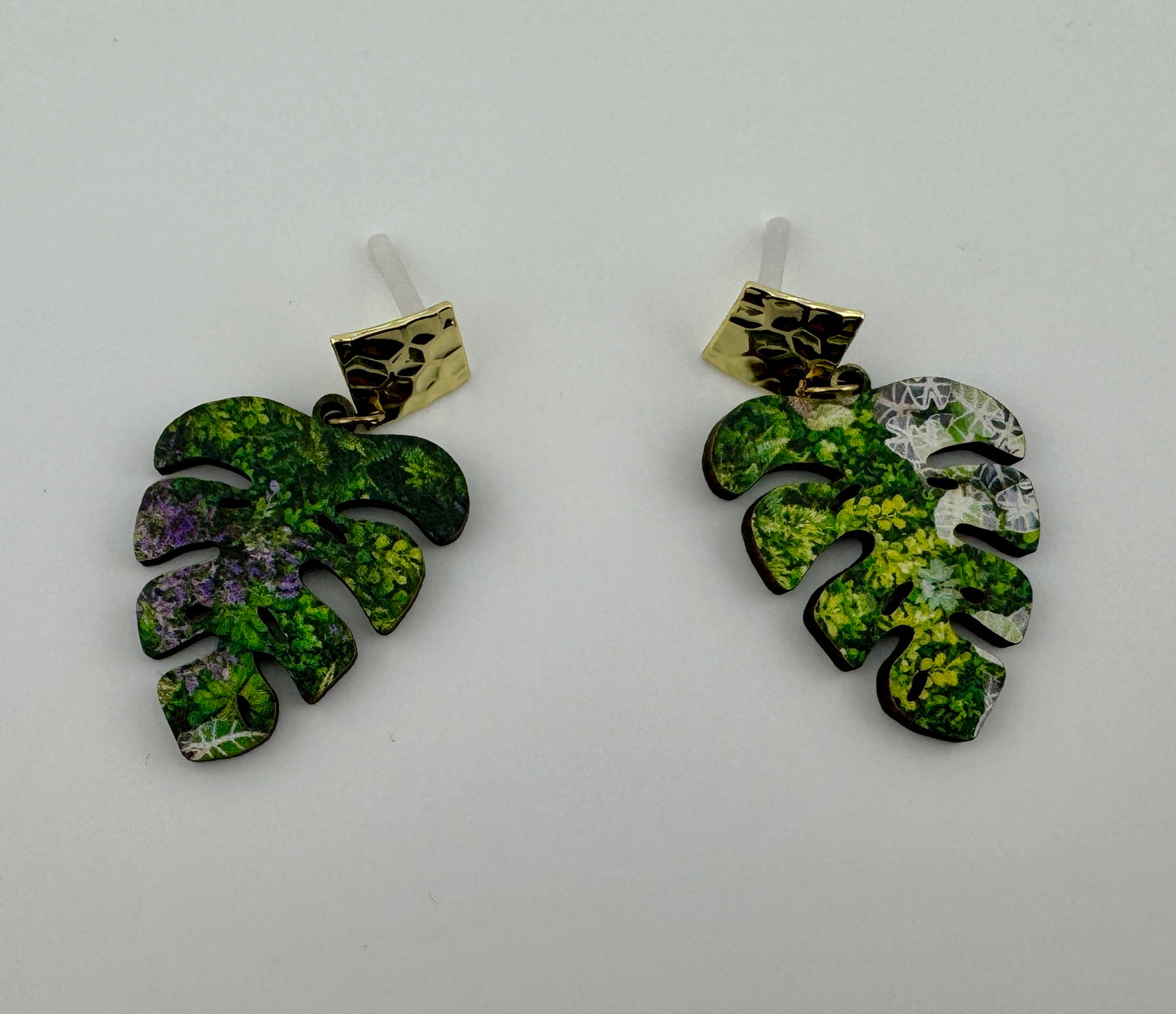 Verdant Canopy Earrings – Tropical Wood Dangles with Hammered Gold Studs