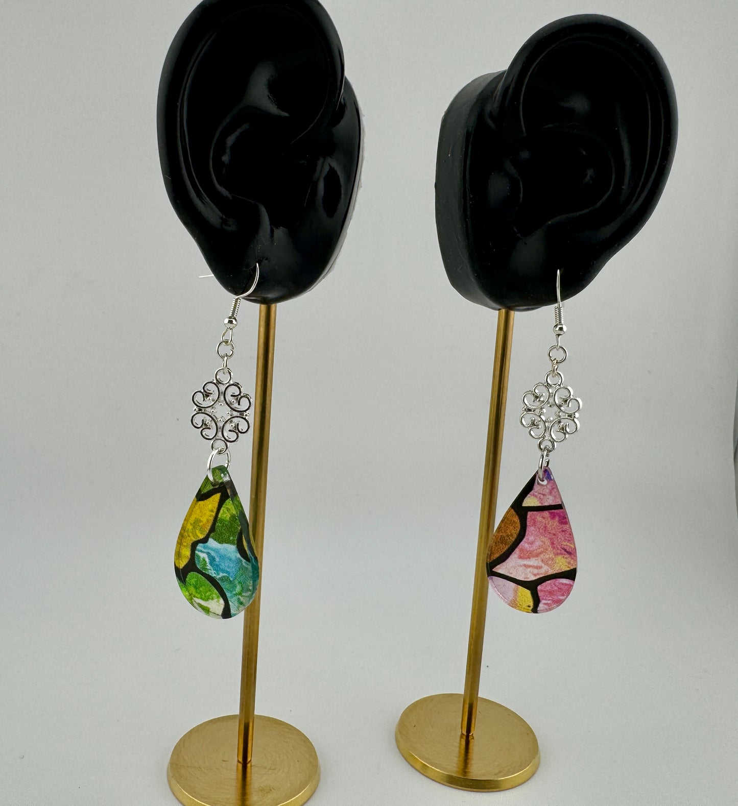 Garden Glass Earrings – Translucent Acrylic Drops with Silver Scrollwork