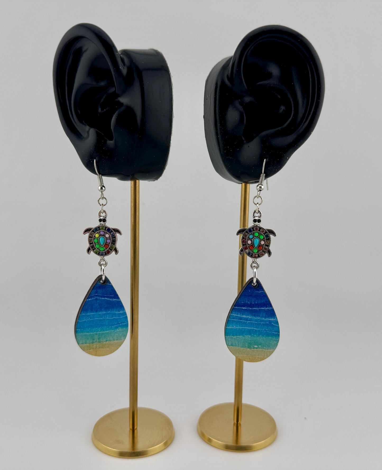 Coastal Vibes Turtle Teardrop Earrings – Beach Wood Dangles with Colorful Charm