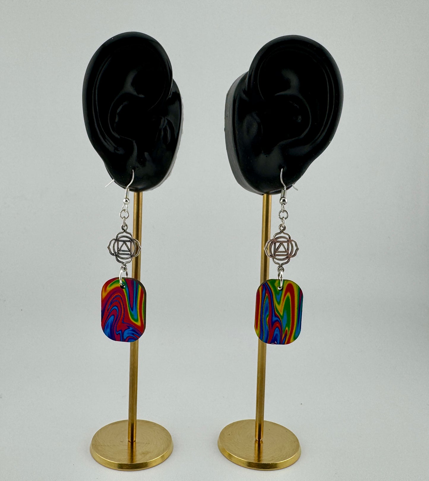 Prism Energy Earrings – UV Printed Wood with Silver Chakra Symbol