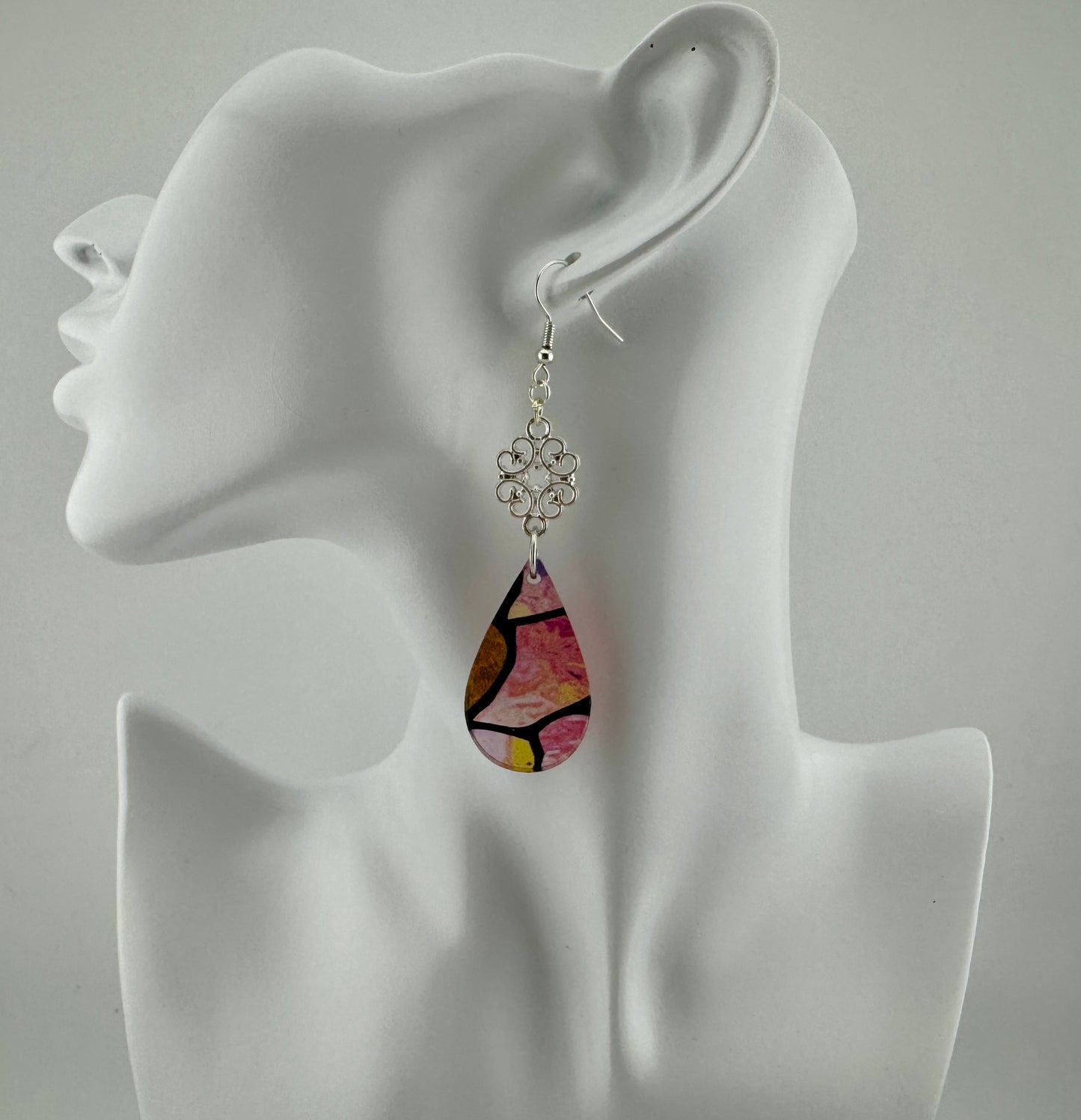 Garden Glass Earrings – Translucent Acrylic Drops with Silver Scrollwork