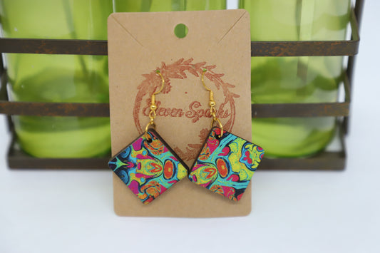 Neon swirl square wood earrings