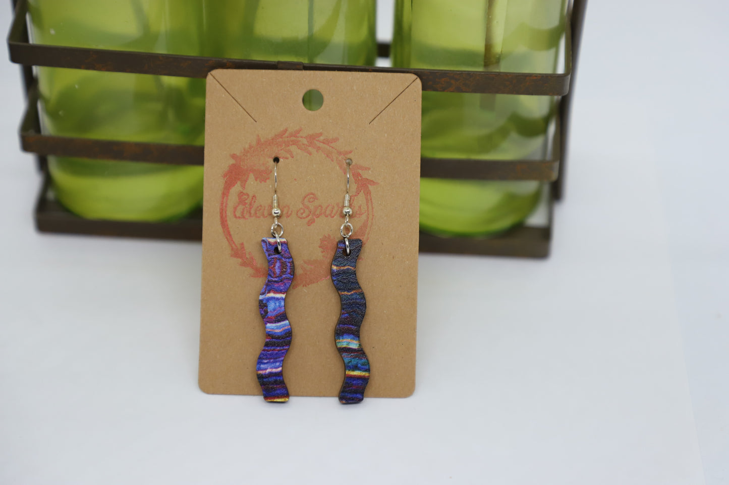 Purple gem wavy wood earrings