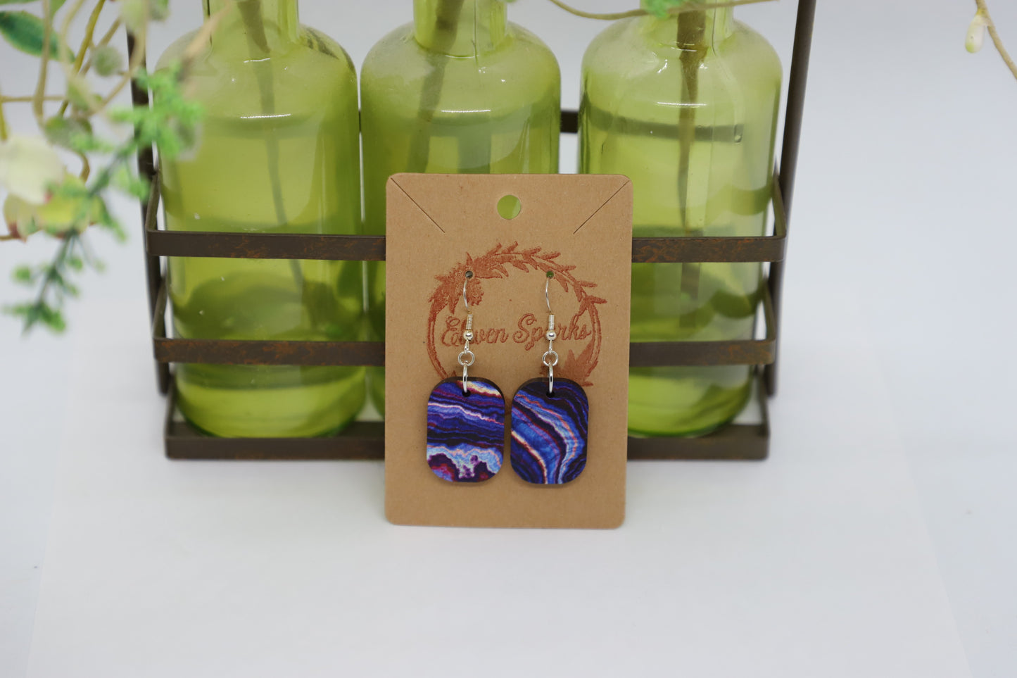 Purple gem rectangle wood earrings