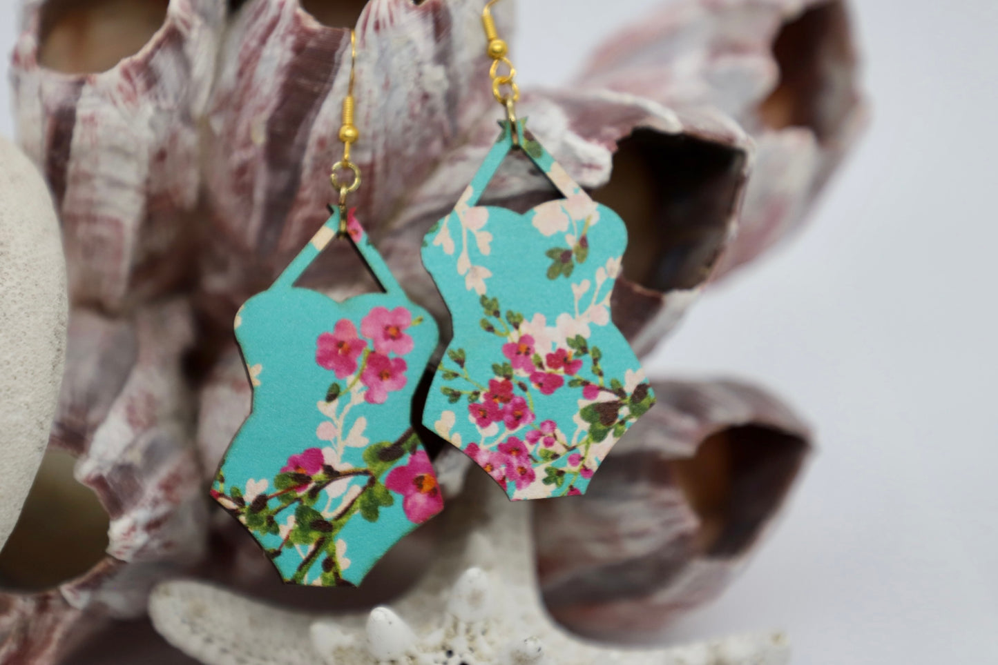 Floral swimsuit wood earrings