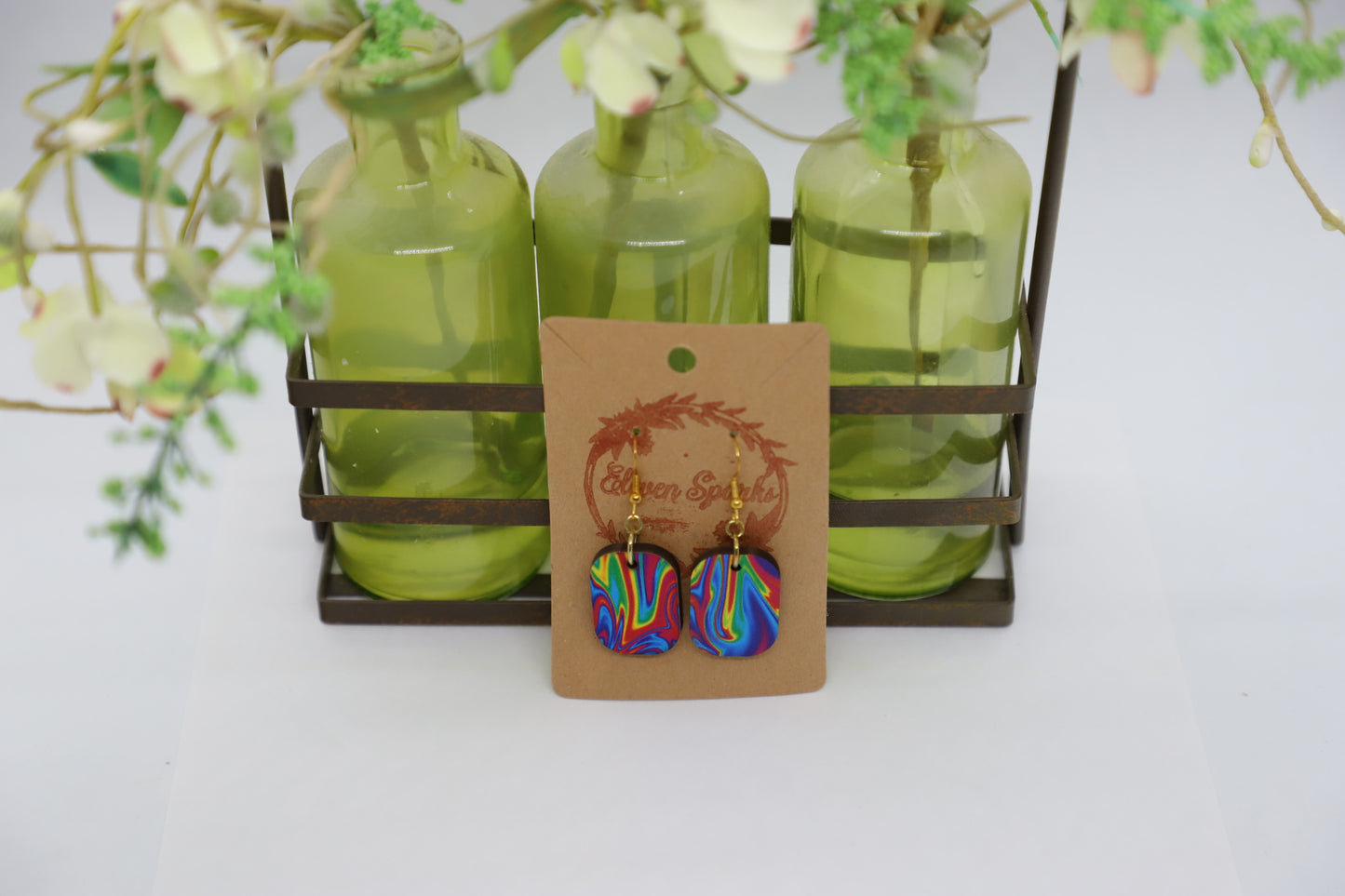 Groovy rainbow rectangle wood earrings
