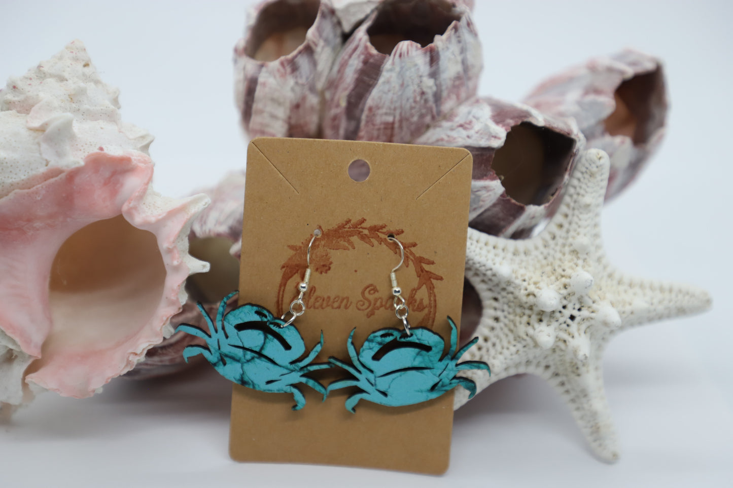 Blue green crab wood earrings