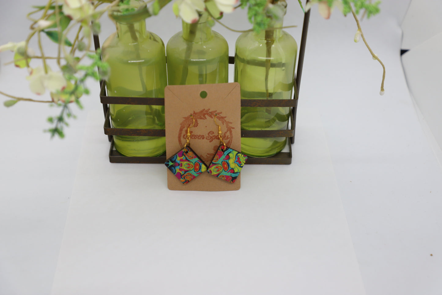 Neon swirl square wood earrings