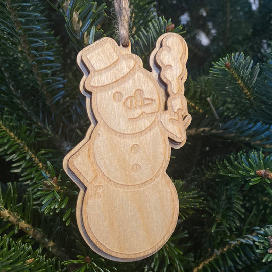 Smokin’ Snowman wood ornament