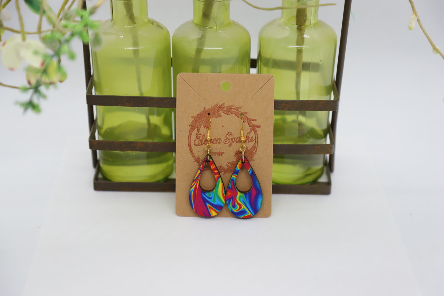 Groovy rainbow teardrop cutout wood earrings