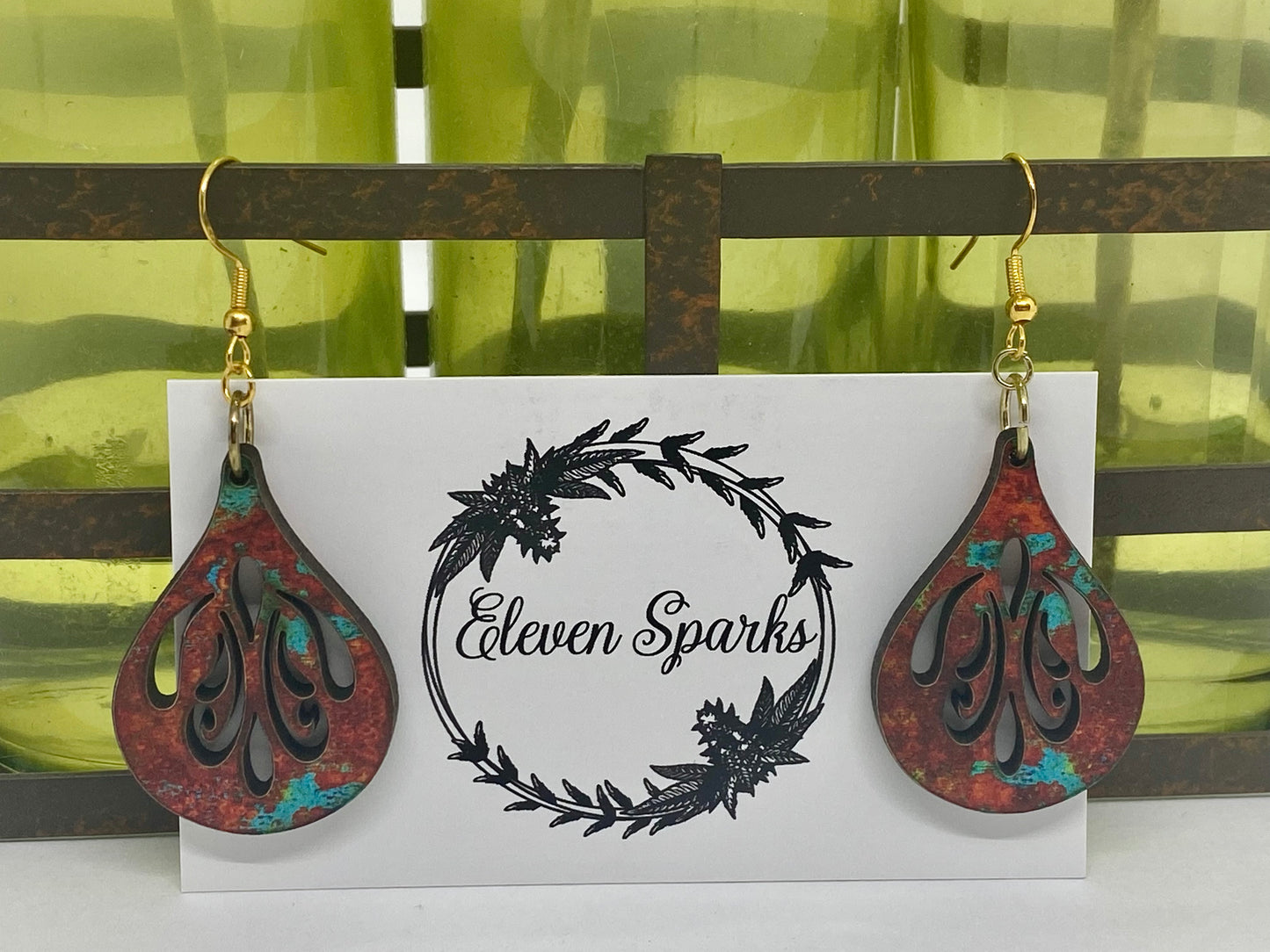 Copper turquoise swirl wood earrings