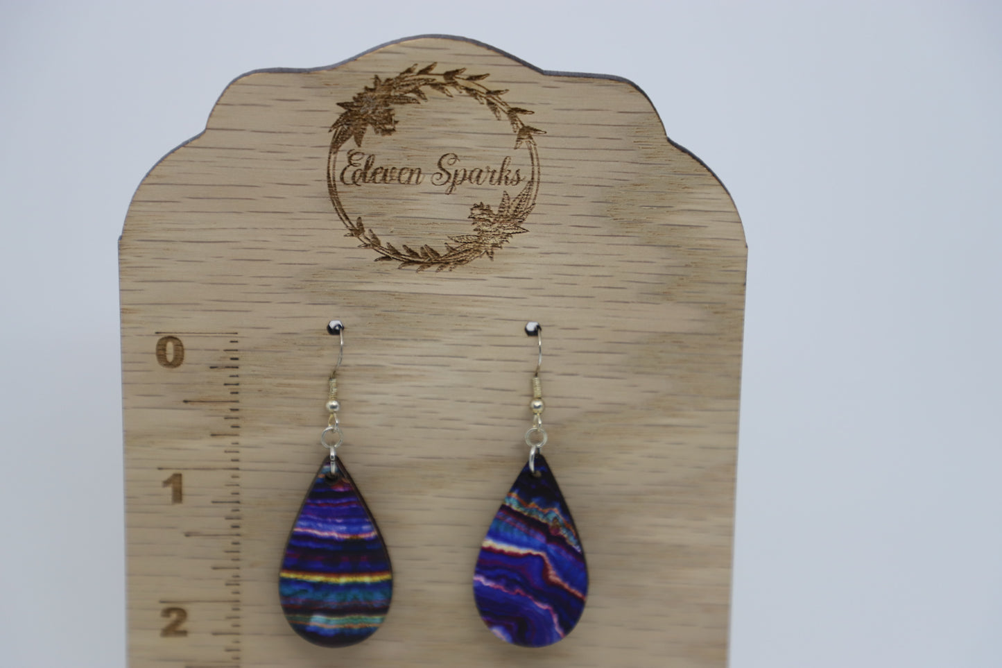 Purple gem teardrop wood earrings