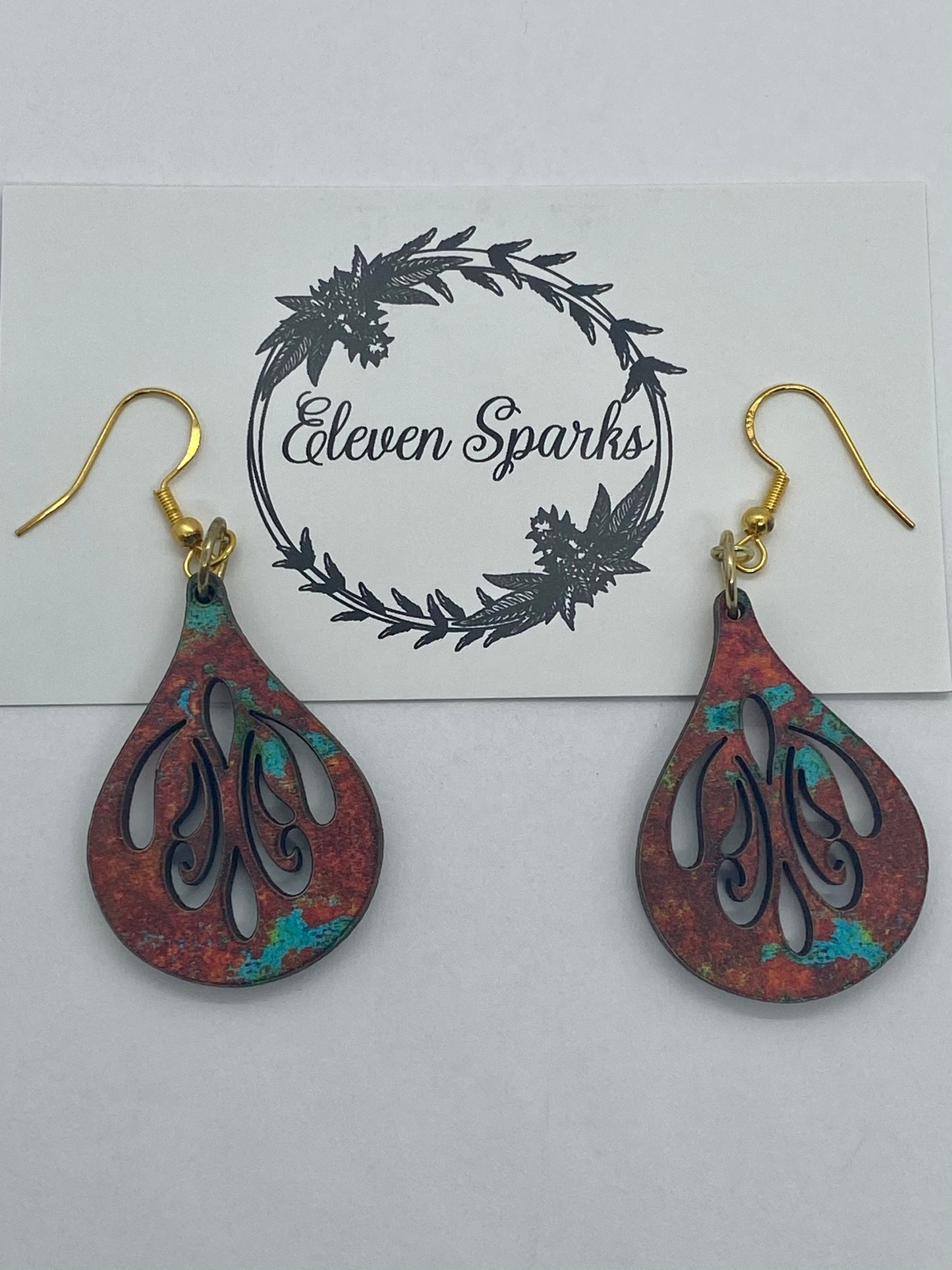 Copper turquoise swirl wood earrings