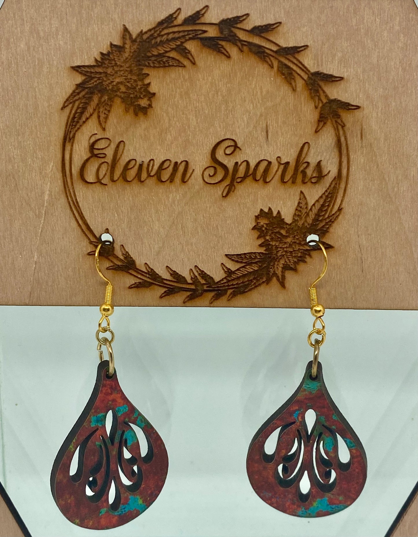 Copper turquoise swirl wood earrings