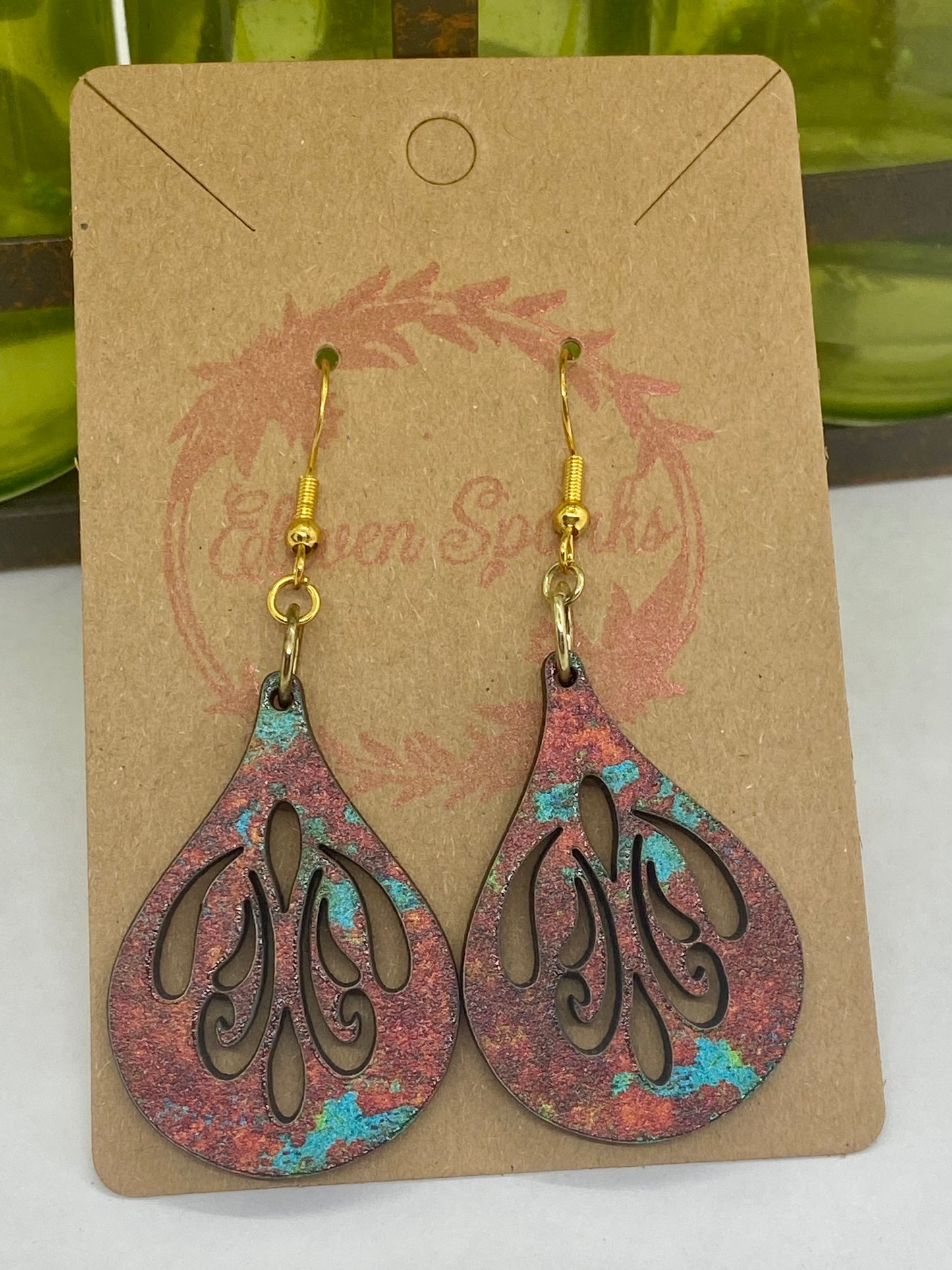 Copper turquoise swirl wood earrings