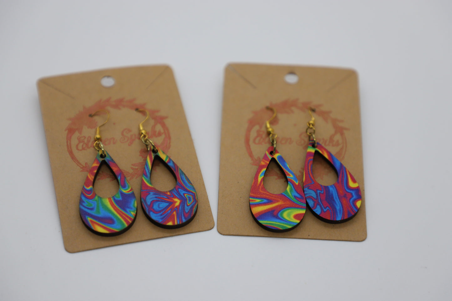 Groovy rainbow teardrop cutout wood earrings