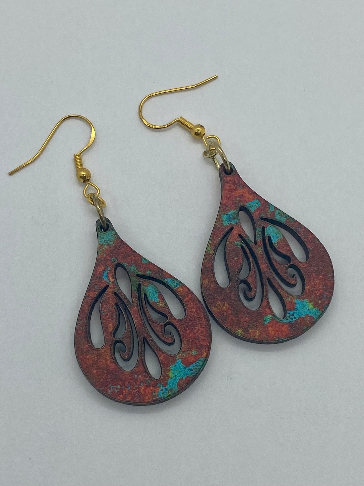 Copper turquoise swirl wood earrings