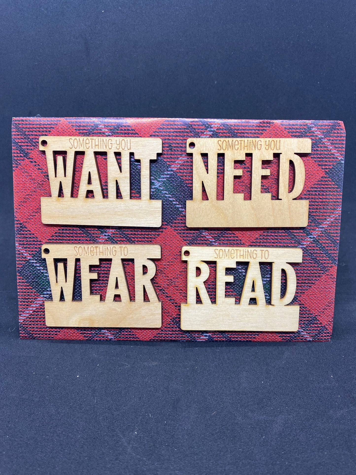 Wood gift tags- want/need/wear/read