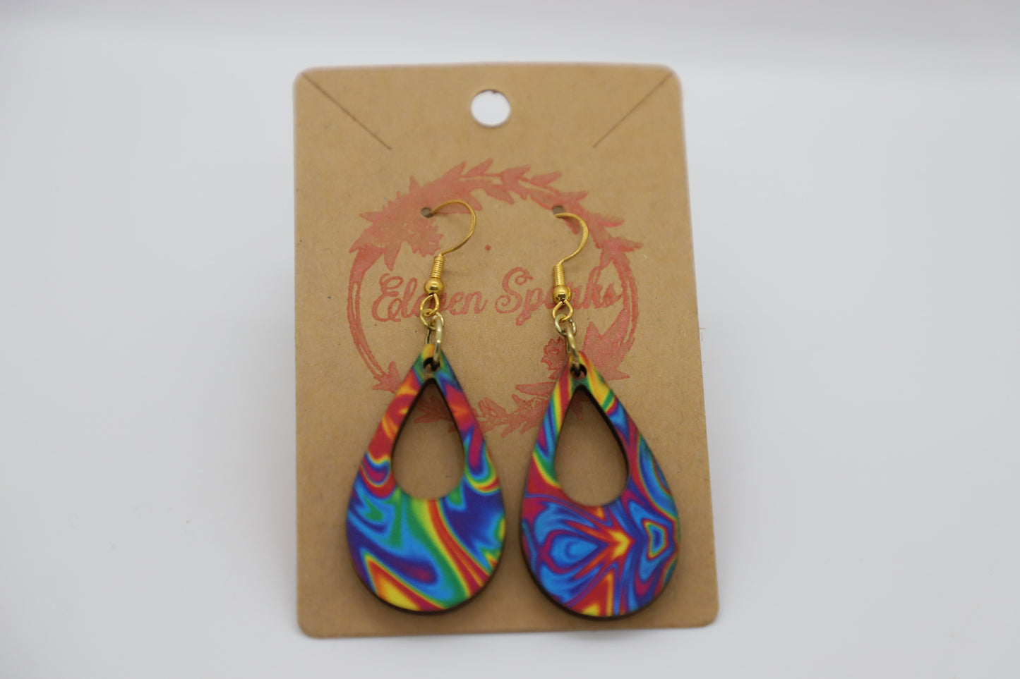 Groovy rainbow teardrop cutout wood earrings