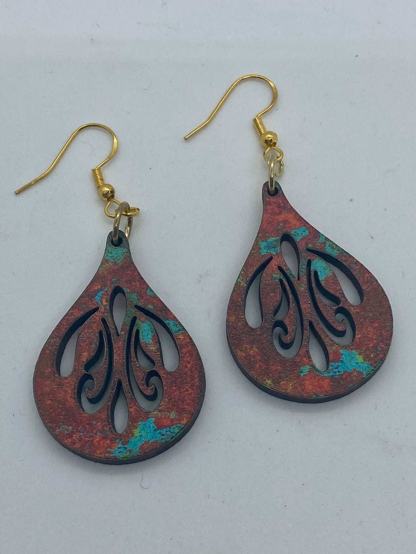 Copper turquoise swirl wood earrings